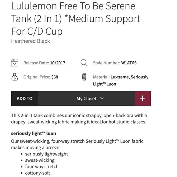 Lululemon Free To Be Serene Tank (2 In 1) *Med Support For C/D Cup sz 4 XS - Picture 7 of 9